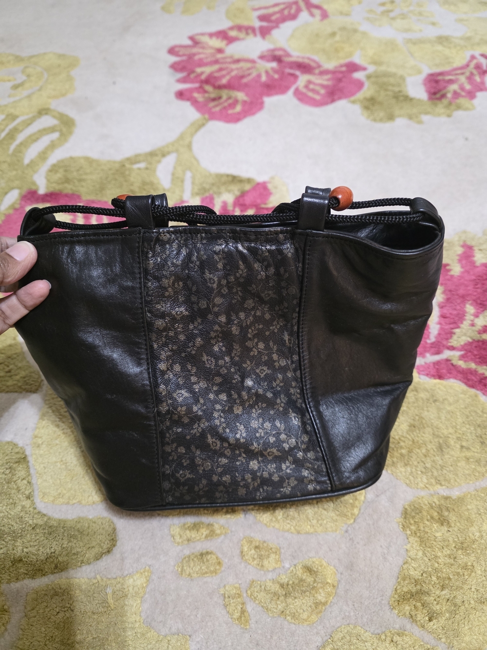Black Floral-Panel Leather Purse